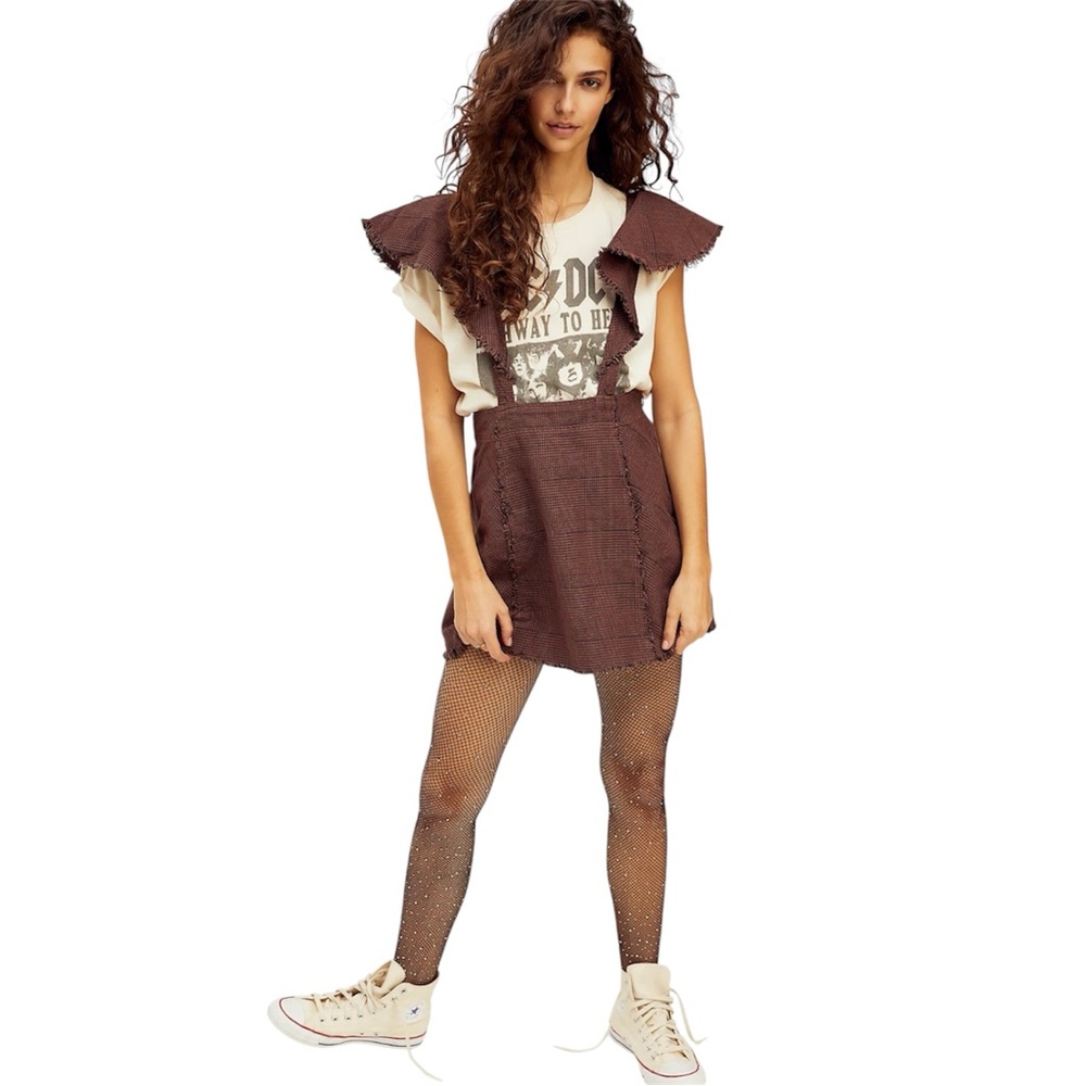 Free People Rowan Brown Plaid Pinafore High Rise Skirt Ruffle Shoulder Straps 8